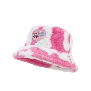 Pink heart cow print fuzzy bucket hat with cute cat patch for women winter warmth
