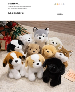 Detailed collection of plush dog toys including Husky and Golden Retriever on a cozy rug