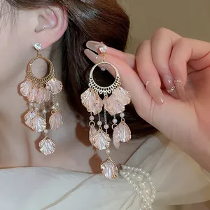 Floral Tassel Dangle Earrings With Pink Shell Petals Zircon Artificial Pearls And 925 Sterling Silver Earring Post Elegant For Women