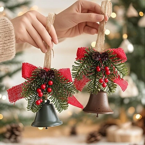 Christmas Bell Pendant Iron Ornament With Linen Bow Artificial Pine Needles Pine Cone Berry Xmas Tree Decoration Rustic