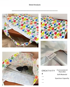 Detailed views of floral canvas tote bag featuring 100% cotton material and spacious interior