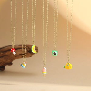 Cute Enamel Mushroom Cake Ice Cream Pendant Necklace For Women Girls Gold Plated Copper Zirconia Cartoon Fruit Fish Jewelry