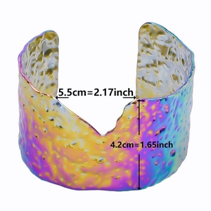 Iridescent hammer textured wide cuff bracelet showing dimensions 5.5cm width and 4.2cm height