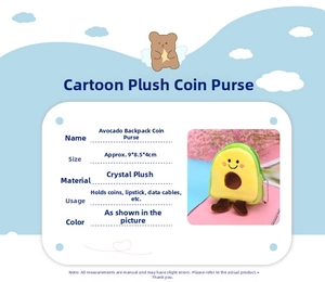 Detailed view of plush avocado coin purse with 9x8.5x4cm size specs and cute embroidery