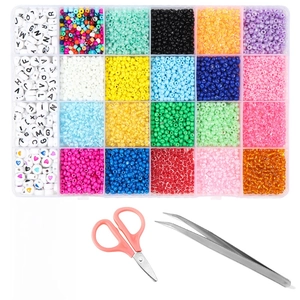 Detail view of 24-compartment DIY bead kit with seed beads, scissors, and elastic string