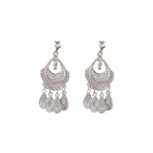 Ethnic style silver hollow teardrop earrings with geometric tassel design and fringe