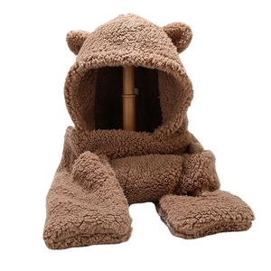 Cute brown bear ear plush hooded scarf set with integrated thick winter thermal neck warmer