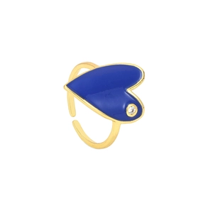 Elegant gold open heart ring with blue enamel and small gemstone on white background