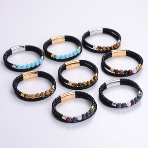 Pulsera De Cuero Trenzado Para Hombre Con Cierre Magnético De Acero Inoxidable 316L Y Cuentas De Piedra Natural