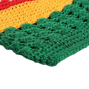 Handmade crochet wig hat with hollow out wheat spike knit pattern in red yellow and green