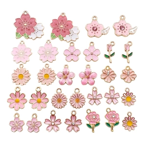 Set of 30 pink enamel flower charms for DIY jewelry making including daisy and cherry blossoms