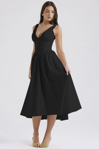 Detail shot of black slim fit V-neck maxi dress with waist cinching design and sleeveless cut
