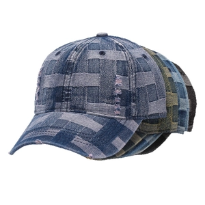 Vintage distressed denim baseball cap with checkered weave and frayed edges in blue and grey