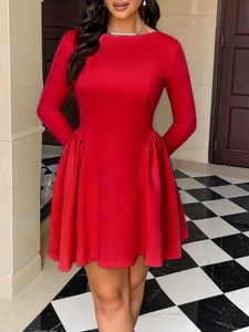 Elegant red long sleeve dress with pleated waist and A-line skirt for evening wear