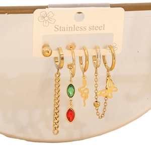Five-piece set of gold stainless steel earrings with butterfly, snake, and gem pendants
