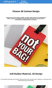 Detail of red PVC luggage tag with 3D embossed not YOUR BAG text and black strap