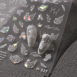 3D Relief Nail Art Stickers White Swan Rose Flower Feather Pattern Self Adhesive Ultra Thin Holographic Laser Decor
