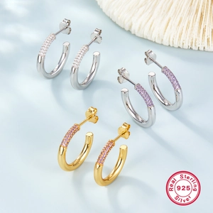 Three pairs of S925 sterling silver hoop earrings with zircon stones in silver and gold