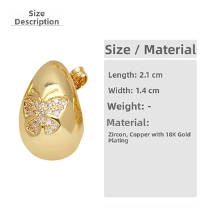 Size chart showing 2.1cm length 18K gold plated teardrop earrings with zircon butterfly