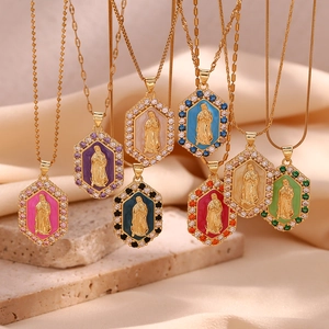 Vintage Stainless Steel Enamel Virgin Mary Hexagon Pendant Necklace For Women Religious Rhinestone 18K Gold Plated Jewelry