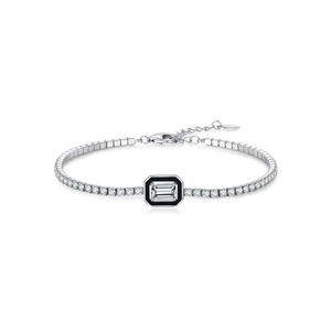 S925 sterling silver tennis bracelet with black enamel rectangular crystal and lobster clasp