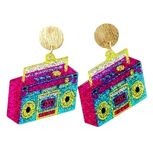 Detail view of retro radio earrings with colorful neon glitter and acrylic finish