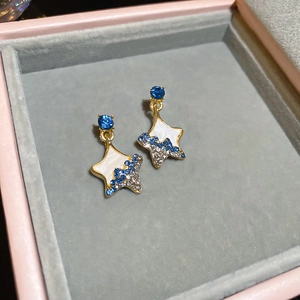 Close-up of star shaped earrings with white enamel and blue crystals in a jewelry box