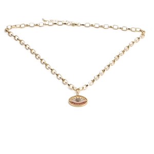 Gold Evil Eye pendant necklace with blue stones and zircon stones on a link chain