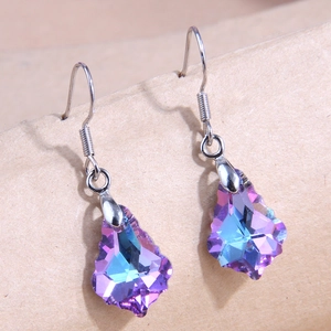 Elegant maple leaf crystal drop earrings with purple blue gradient and silver fish hooks