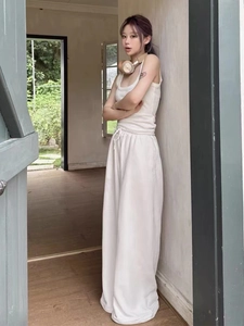 Women's casual white ribbed tank top and wide-leg drawstring sweatpants set for sports