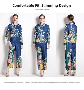 Detailed front, side, and back views of a floral print shirt and wide-leg pants set