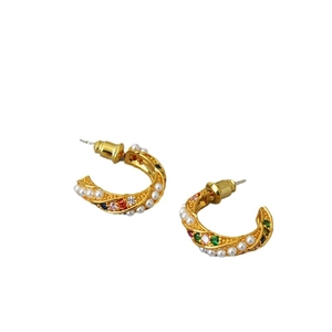 Elegant C-shaped gold-plated brass earrings with colorful rhinestones and pearls