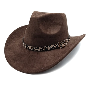 Dark brown western cowboy hat with leopard print belt and golden buckle detail