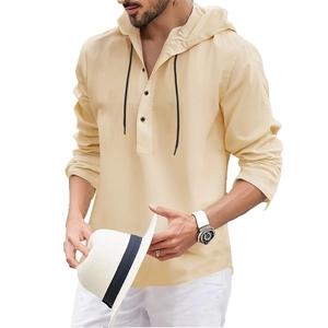 Men's casual long sleeve hooded shirt in beige featuring V-neck buttons and black drawstrings