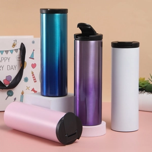 Four colorful gradient stainless steel insulated travel mugs on a tiered display stand