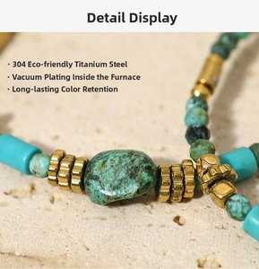 Close-up of bohemian turquoise beads and 304 stainless steel detail with gold vacuum plating
