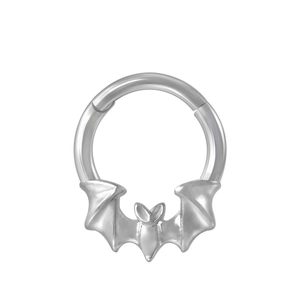 Silver stainless steel bat septum clicker ring for nose or ear piercings on white background