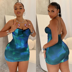 Robe Courte Moulante Sexy Pour Femmes Tie Dye Fines Bretelles Bordure En Dentelle Dos Nu Bleu Vert Coupe Slim