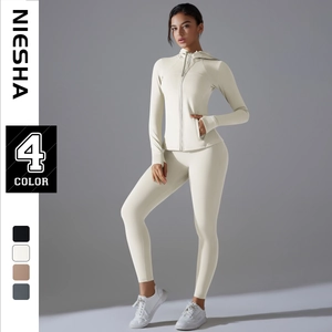 Set da Yoga Donna Aderente Giacca con Cappuccio e Zip Leggings a Vita Alta Tuta Sportiva Nylon Spandex