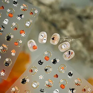 Detailed Halloween nail art stickers with pumpkin, ghost and black cat motifs