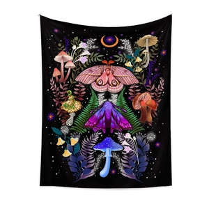 Detailed moth and mushroom pattern on bohemian fabric wall tapestry hanging