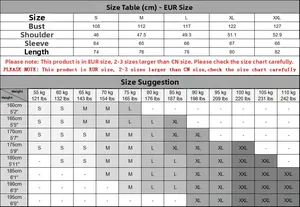 Detailed size guide for men's slim fit long sleeve shirt showing EU measurements