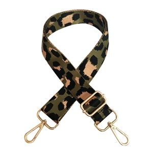 Adjustable green leopard print nylon shoulder strap with golden metal lobster clasps