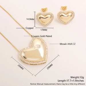 Detailed view of heart-shaped jewelry set with 18k gold plating and AAA zircon stones