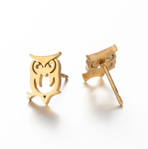Matte gold stainless steel owl stud earrings with minimalist hollow line design