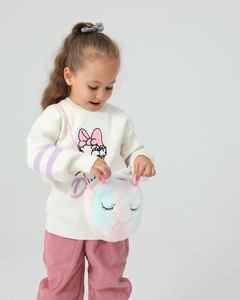 Detail of plush unicorn crossbody bag with macaron gradient fur and embroidery