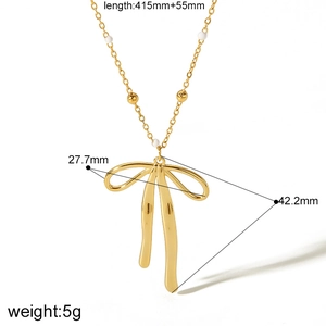 Golden stainless steel bow pendant necklace with white beads and size specification details