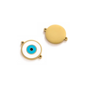 Golden evil eye enamel charm pendant with double hole connectors for DIY jewelry making