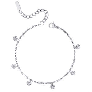 Elegant silver-colored steel bracelet with hammer-textured round pendants on white background