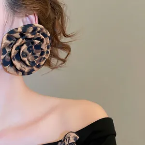 Leopard print fabric rose earrings with exaggerated oversized floral design for women